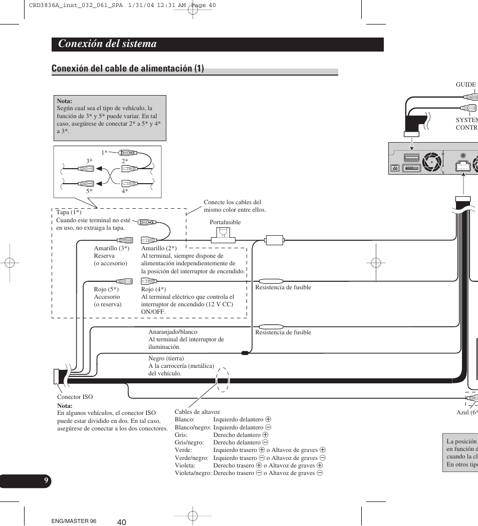 Conexión del cable de alimentación (1), Conexión del sistema | Pioneer AVIC-X1 User Manual | Page 40 / 181