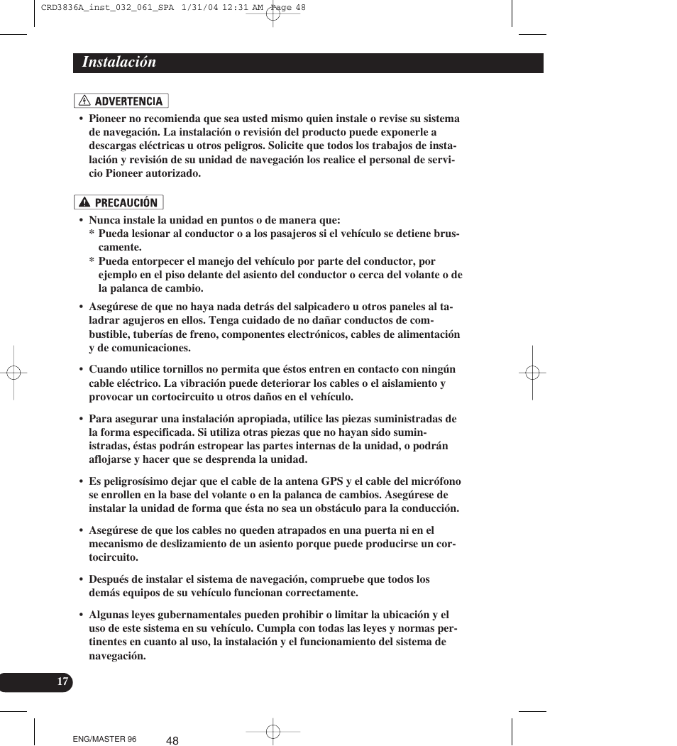 Instalación | Pioneer AVIC-X1 User Manual | Page 48 / 181