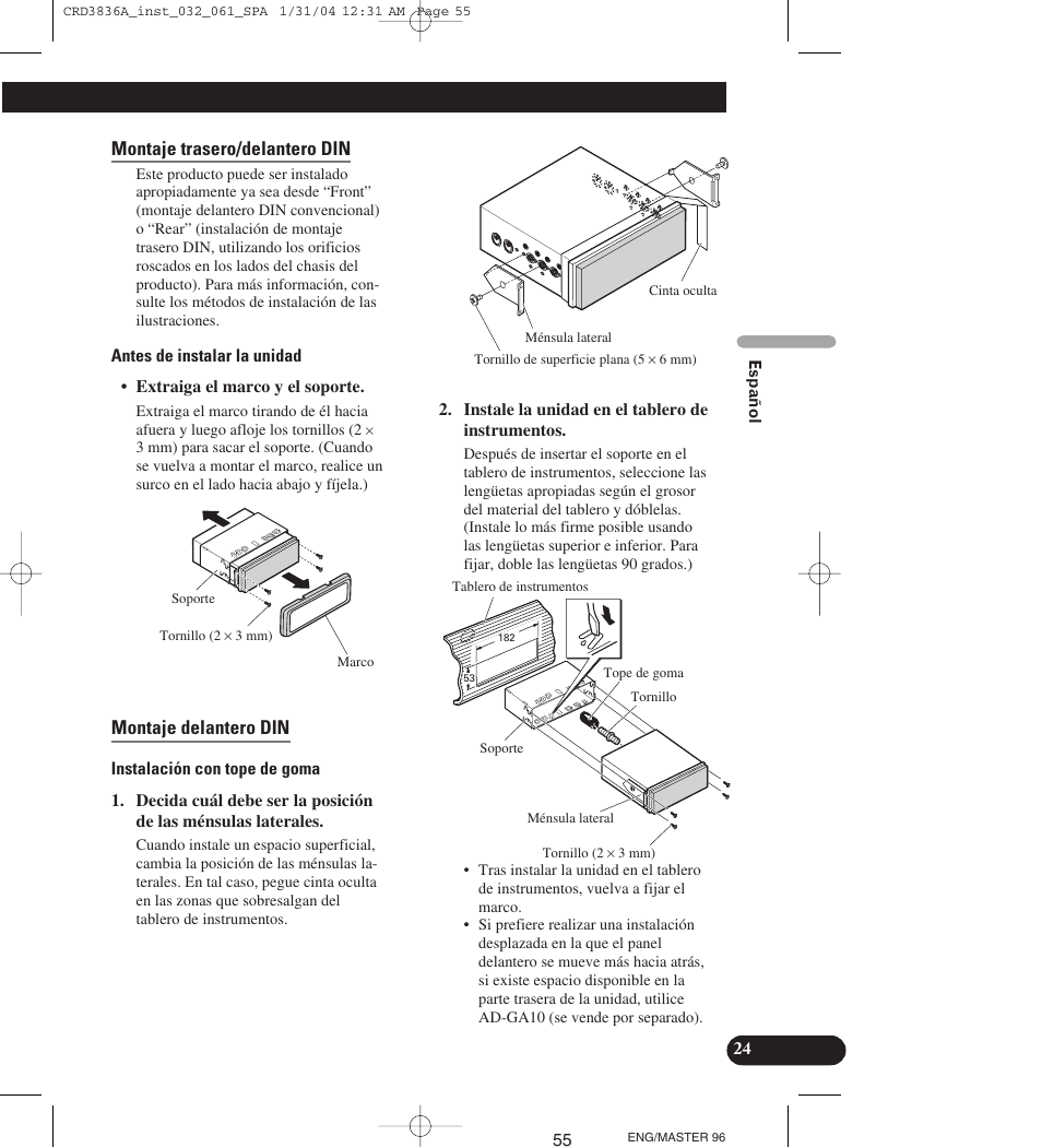 Montaje trasero/delantero din, Montaje delantero din | Pioneer AVIC-X1 User Manual | Page 55 / 181
