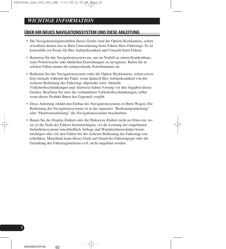 Wichtige information | Pioneer AVIC-X1 User Manual | Page 62 / 181