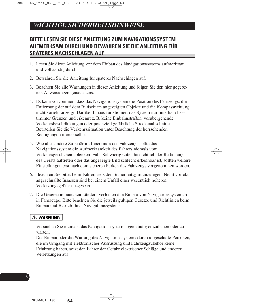 Wichtige sicherheitshinweise, Bitte lesen sie diese anleitung zum | Pioneer AVIC-X1 User Manual | Page 64 / 181