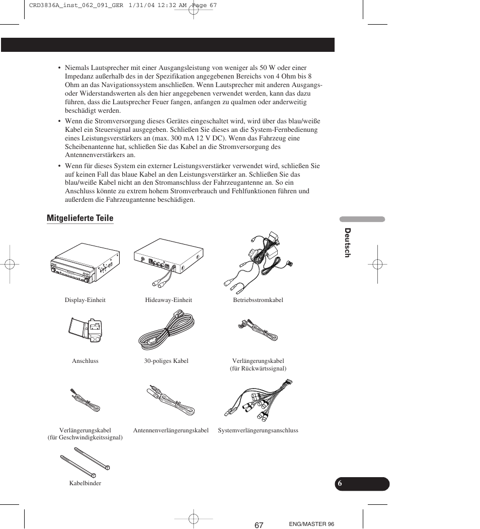 Mitgelieferte teile | Pioneer AVIC-X1 User Manual | Page 67 / 181