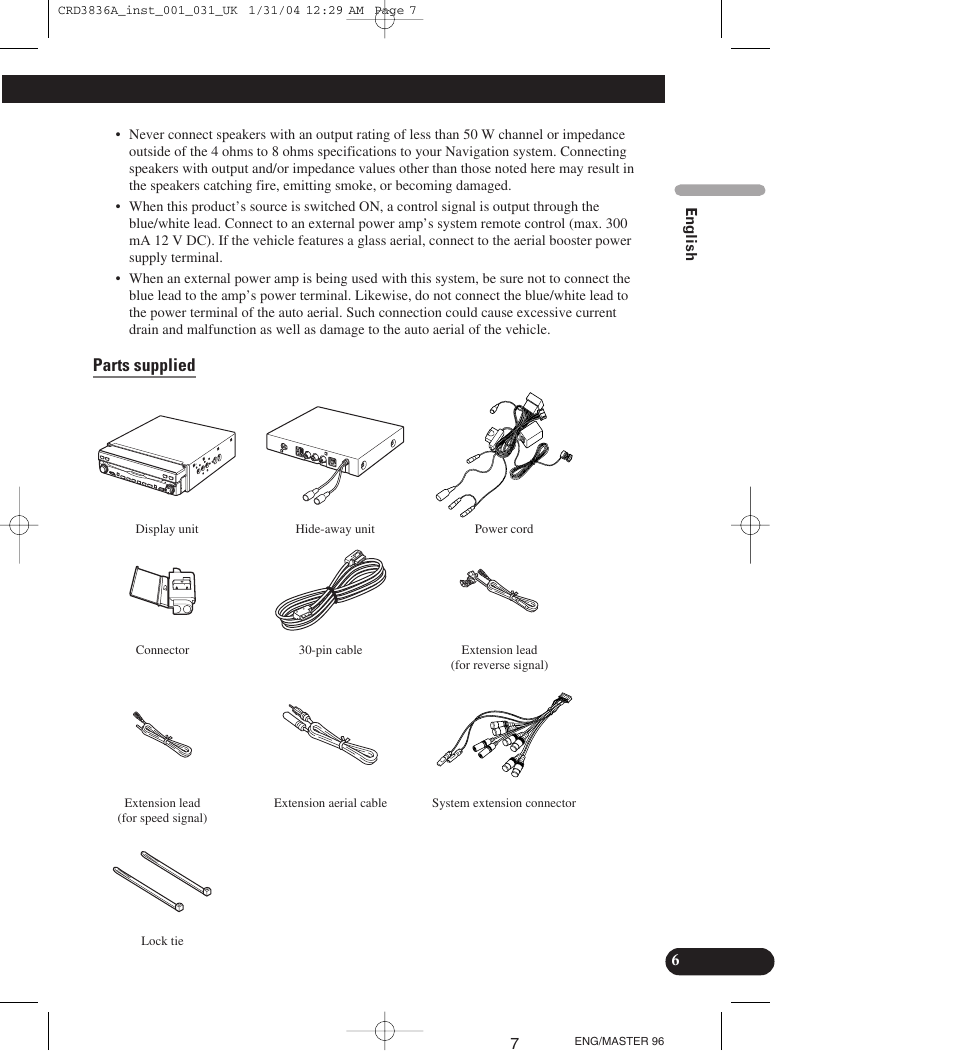 Parts supplied | Pioneer AVIC-X1 User Manual | Page 7 / 181