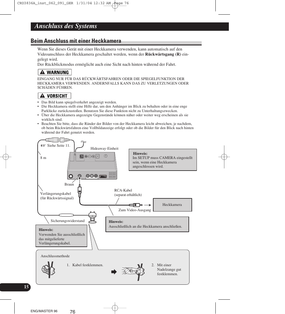 Beim anschluss mit einer heckkamera, Anschluss des systems | Pioneer AVIC-X1 User Manual | Page 76 / 181