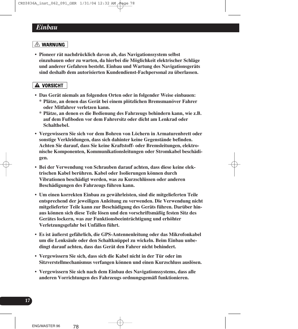 Einbau | Pioneer AVIC-X1 User Manual | Page 78 / 181