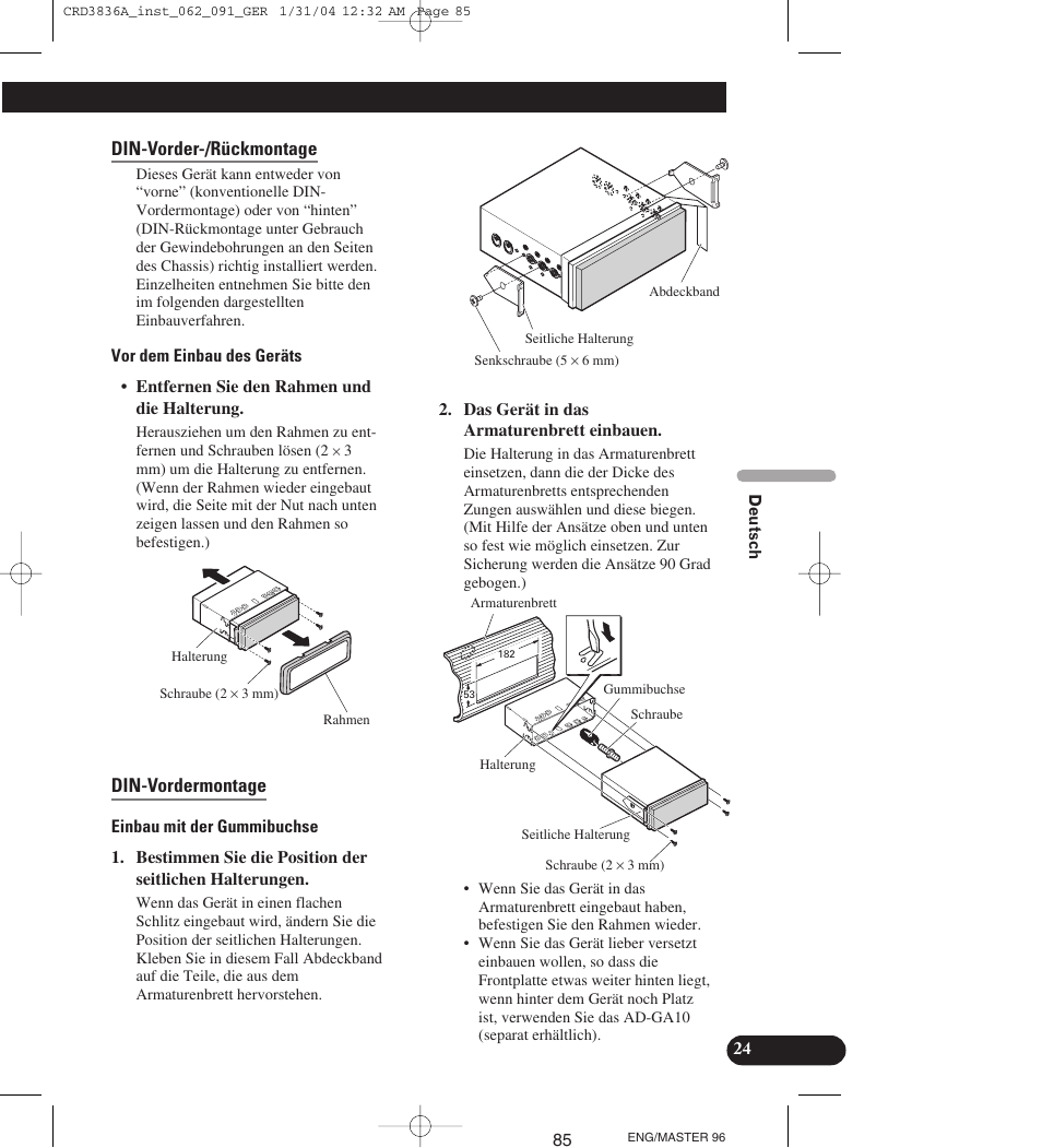 Din-vorder-/rückmontage, Din-vordermontage | Pioneer AVIC-X1 User Manual | Page 85 / 181