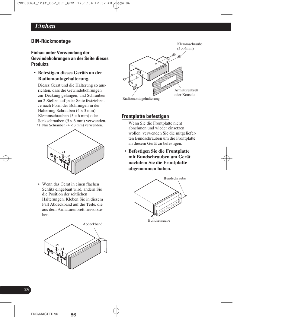Din-rückmontage, Frontplatte befestigen, Einbau | Pioneer AVIC-X1 User Manual | Page 86 / 181