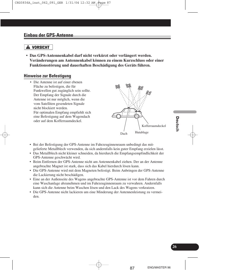 Einbau der gps-antenne, Hinweise zur befestigung | Pioneer AVIC-X1 User Manual | Page 87 / 181