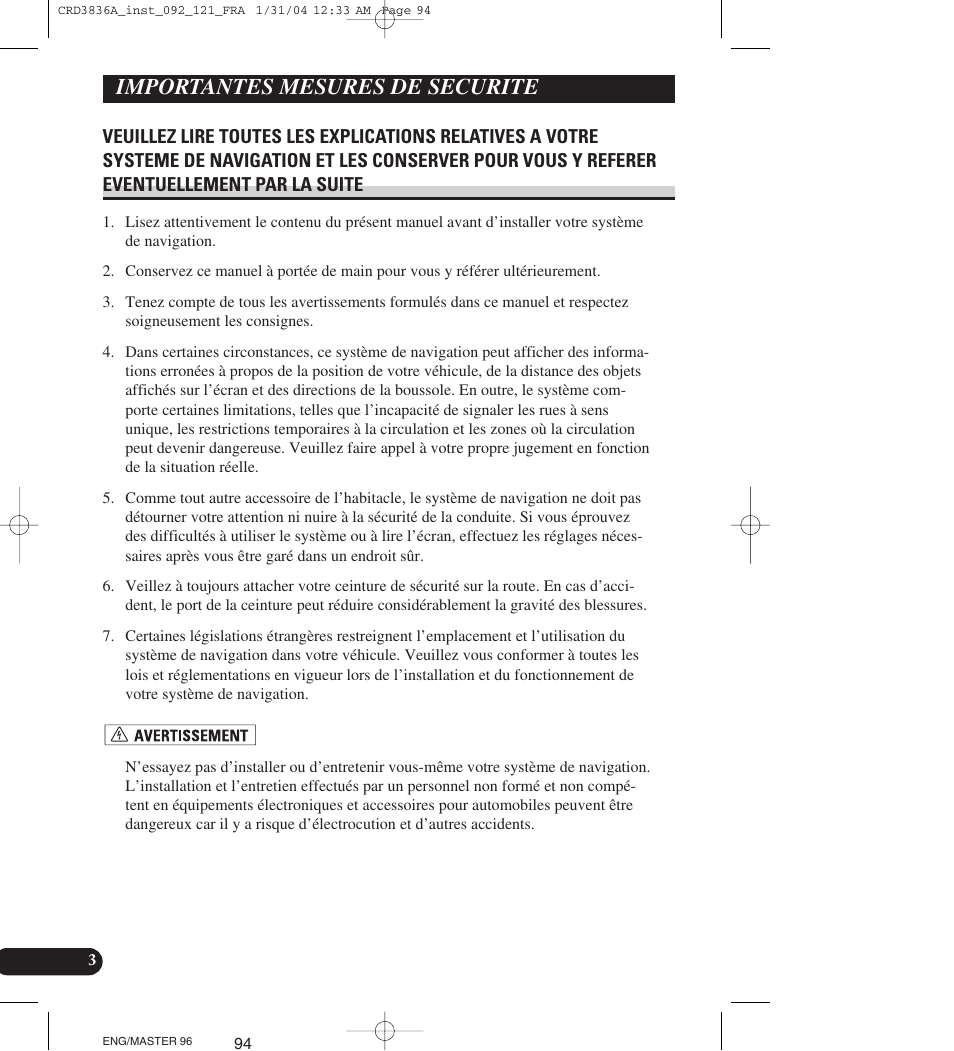 Importantes mesures de, Securite, Veuillez lire toutes les | Importantes mesures de securite | Pioneer AVIC-X1 User Manual | Page 94 / 181