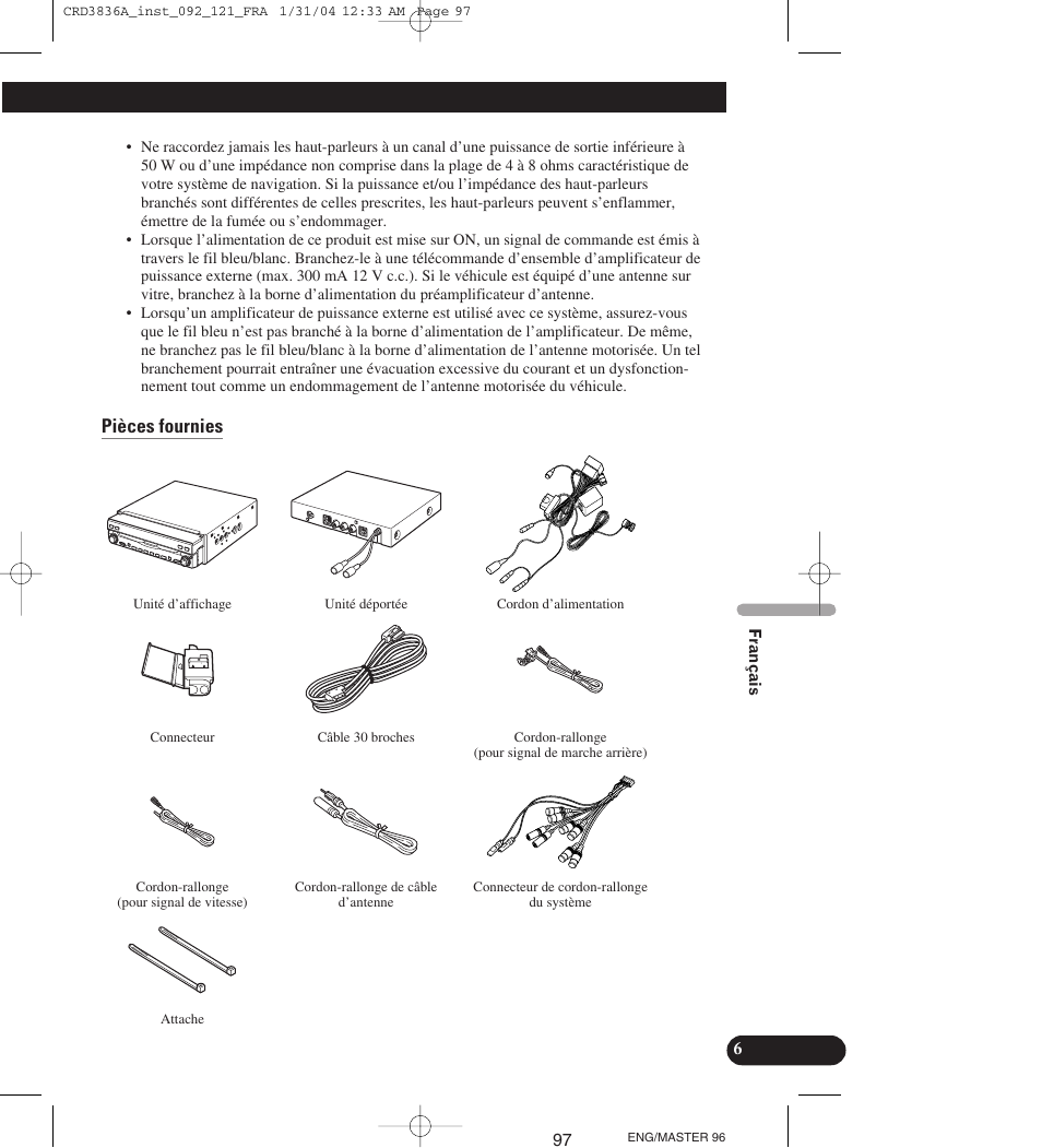 Pièces fournies | Pioneer AVIC-X1 User Manual | Page 97 / 181