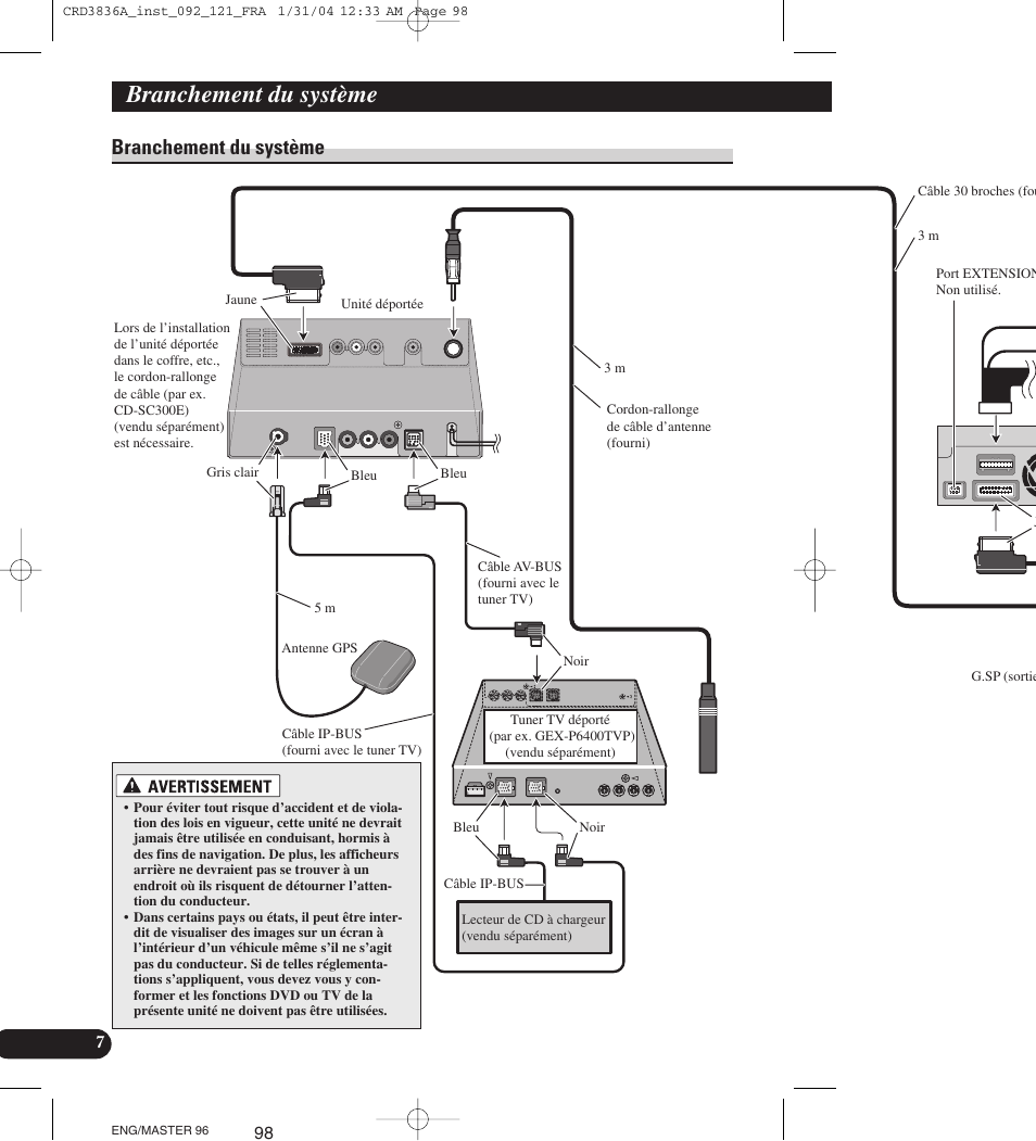 Branchement du système | Pioneer AVIC-X1 User Manual | Page 98 / 181