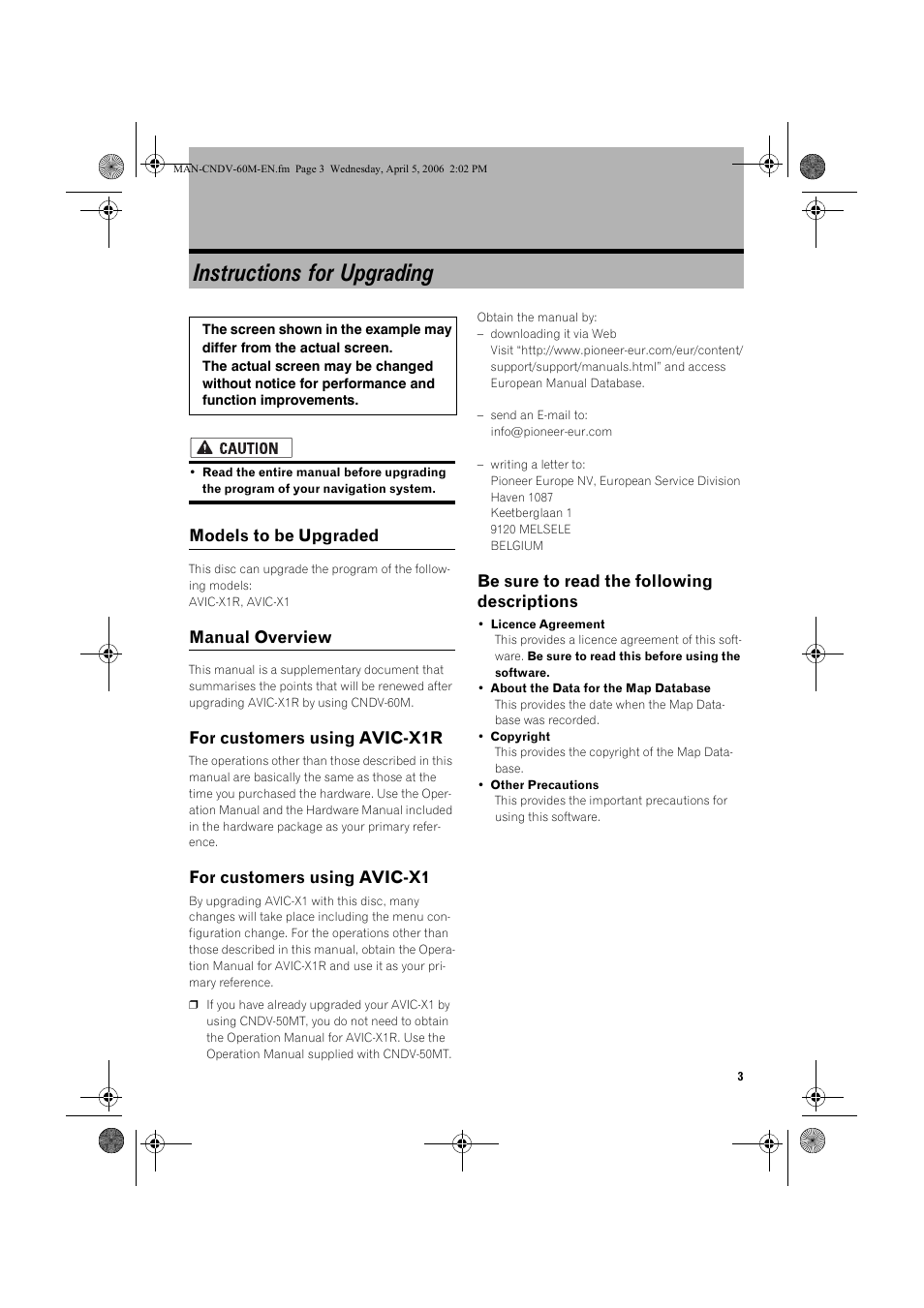 Instructions for upgrading, Models to be upgraded, Manual overview | For customers using avic-x1r, For customers using avic-x1, Be sure to read the following descriptions | Pioneer CNDV-60M User Manual | Page 3 / 16