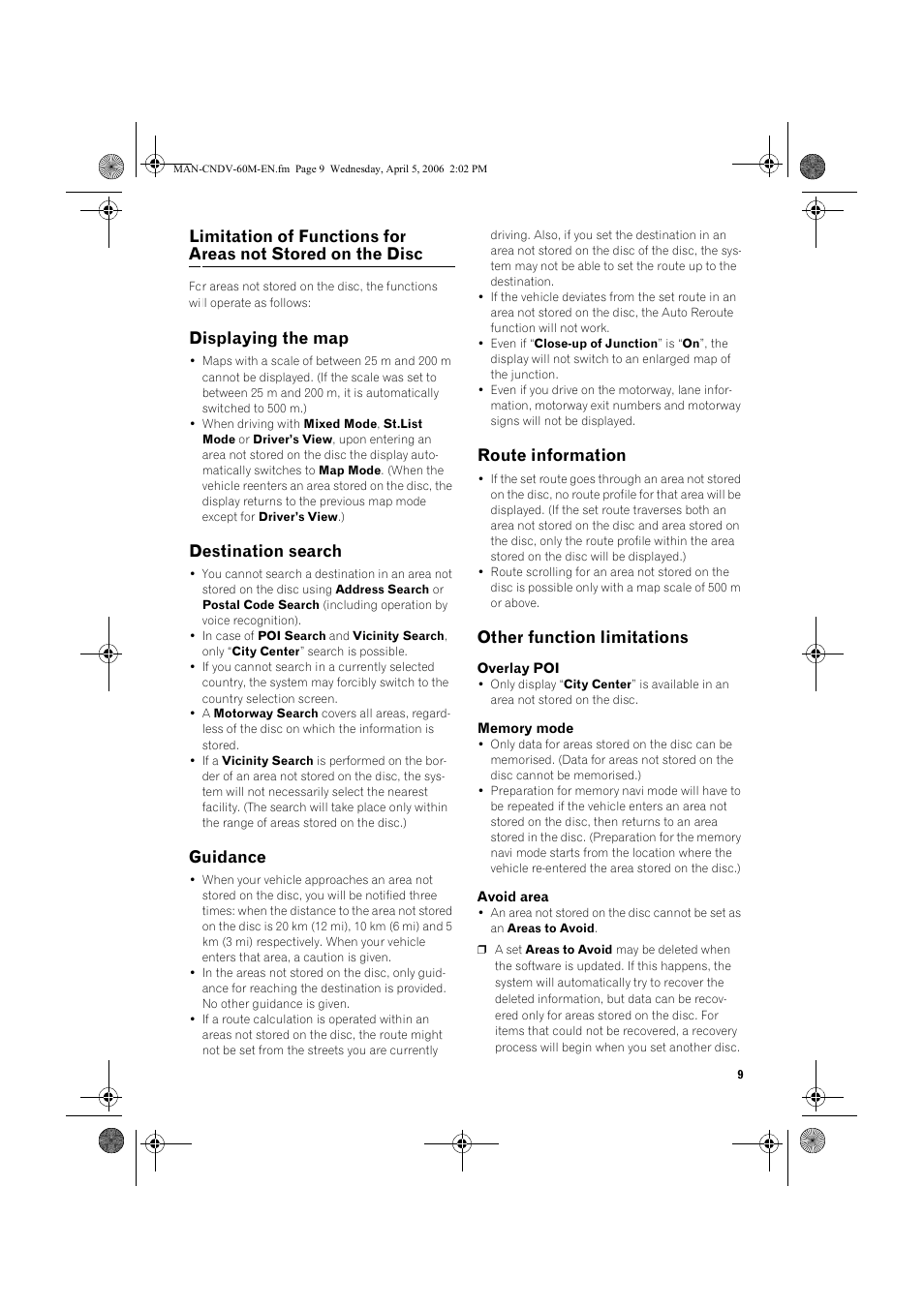 Displaying the map, Destination search, Guidance | Route information, Other function limitations | Pioneer CNDV-60M User Manual | Page 9 / 16