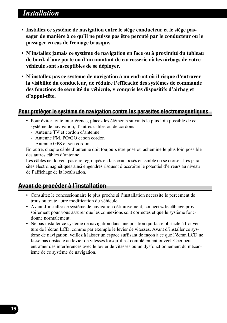 Pour protéger le système de navigation contre, Les parasites électromagnétiques, Avant de procéder à l’installation | Installation | Pioneer AVIC-HD3 User Manual | Page 110 / 181