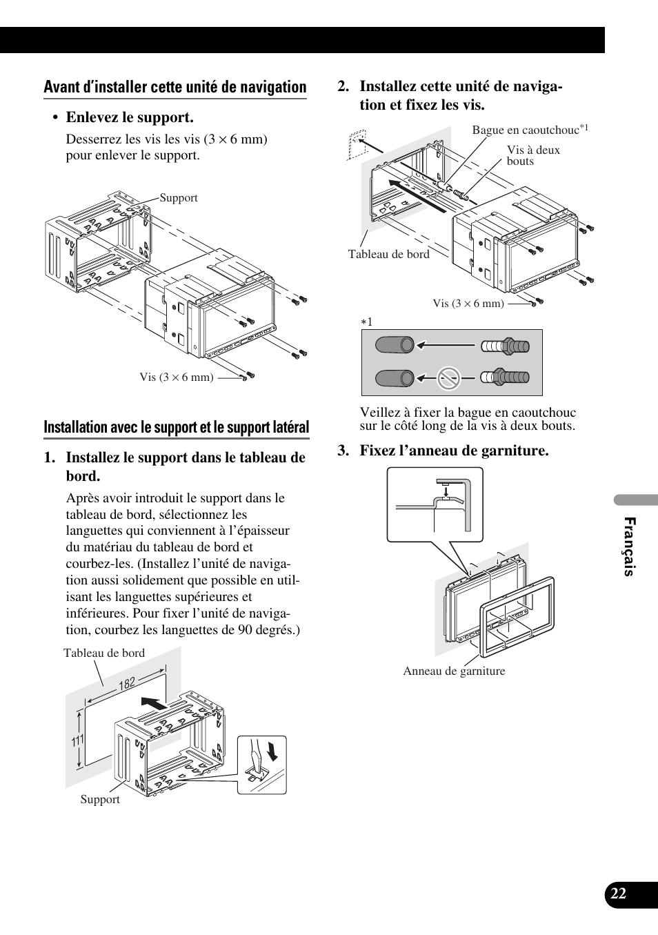 Avant d’installer cette unité de navigation, Installation avec le support et le support latéral | Pioneer AVIC-HD3 User Manual | Page 113 / 181