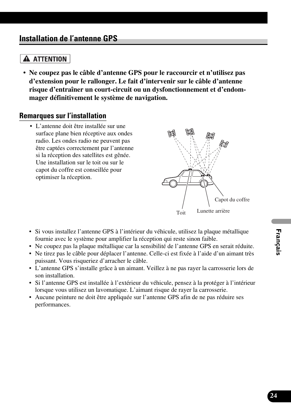 Installation de l’antenne gps, Remarques sur l’installation | Pioneer AVIC-HD3 User Manual | Page 115 / 181