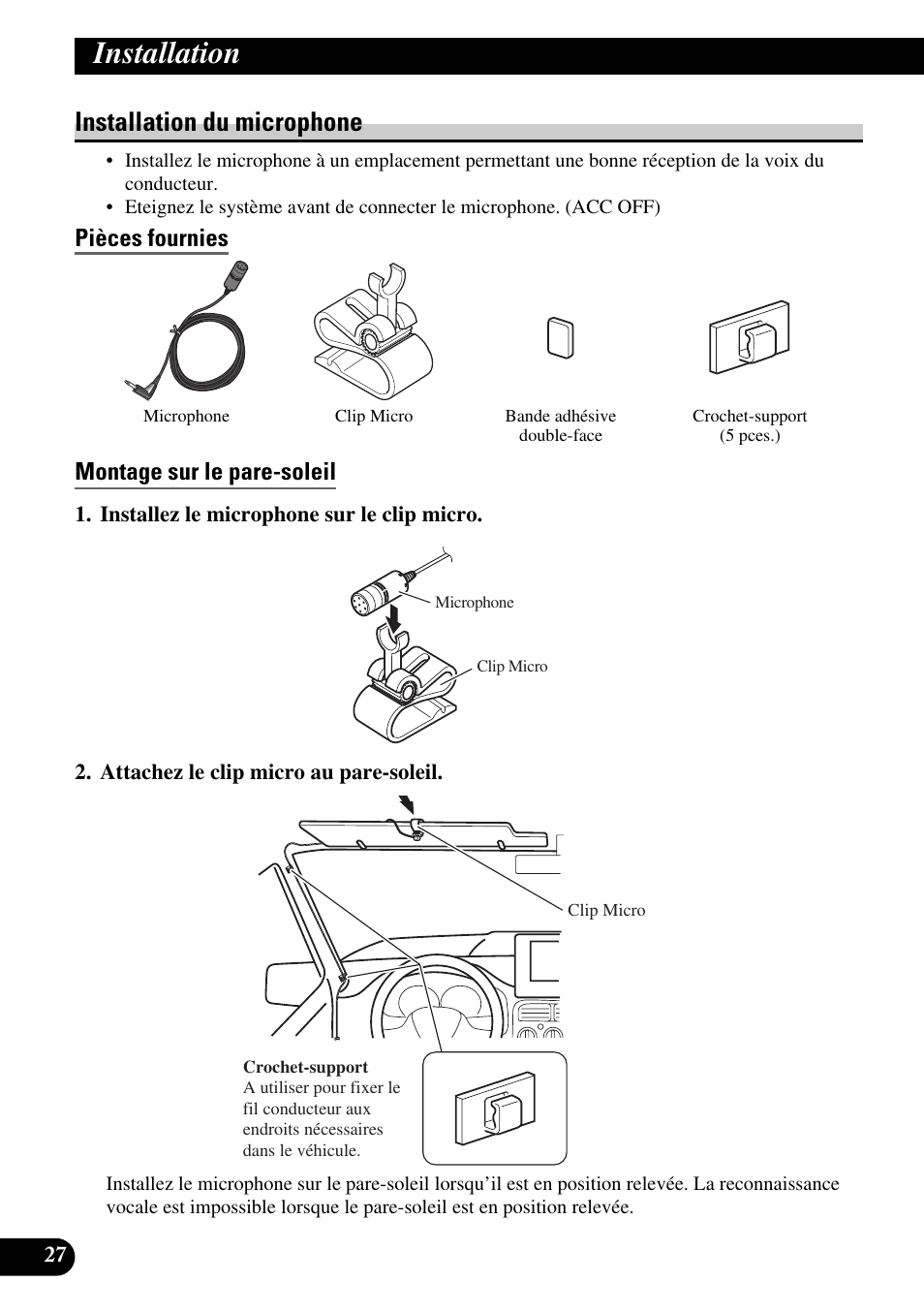 Installation du microphone, Pièces fournies, Montage sur le pare-soleil | Installation, Pièces fournies montage sur le pare-soleil | Pioneer AVIC-HD3 User Manual | Page 118 / 181