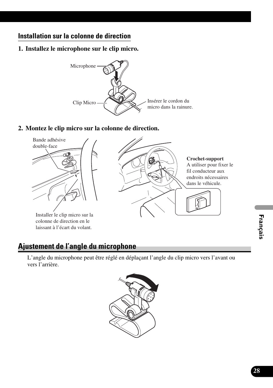 Installation sur la colonne de direction, Ajustement de l’angle du microphone | Pioneer AVIC-HD3 User Manual | Page 119 / 181