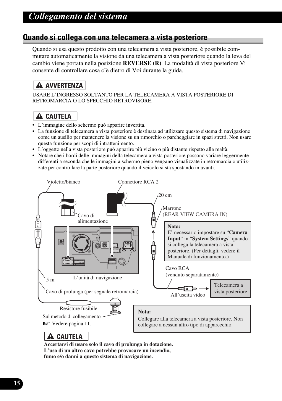 Quando si collega con una telecamera a vista, Posteriore, Collegamento del sistema | Pioneer AVIC-HD3 User Manual | Page 136 / 181