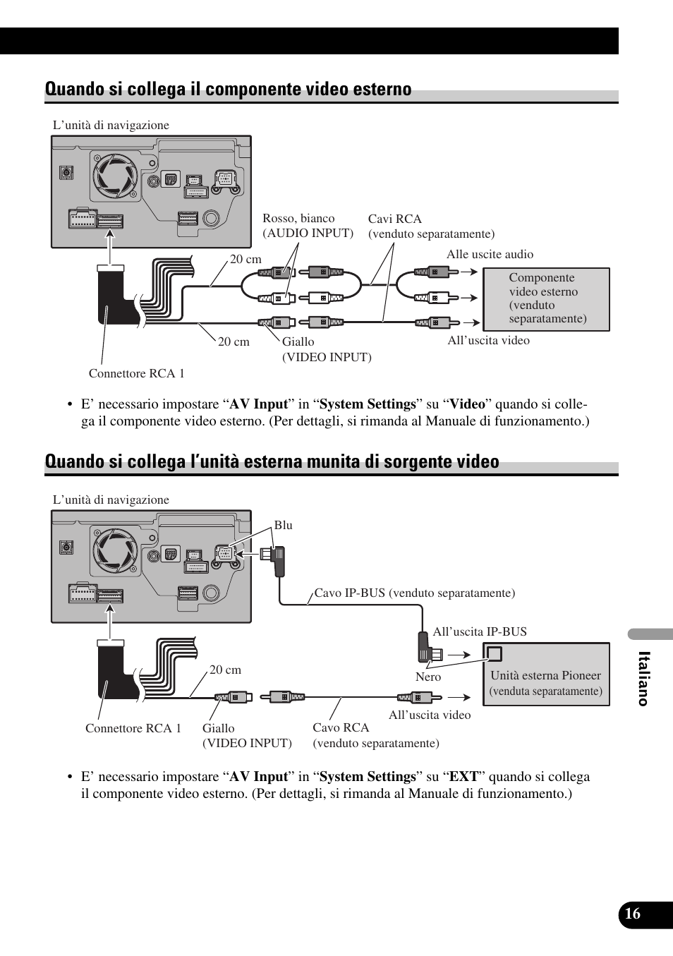 Quando si collega il componente video esterno, Quando si collega l’unità esterna munita di, Sorgente video | Pioneer AVIC-HD3 User Manual | Page 137 / 181