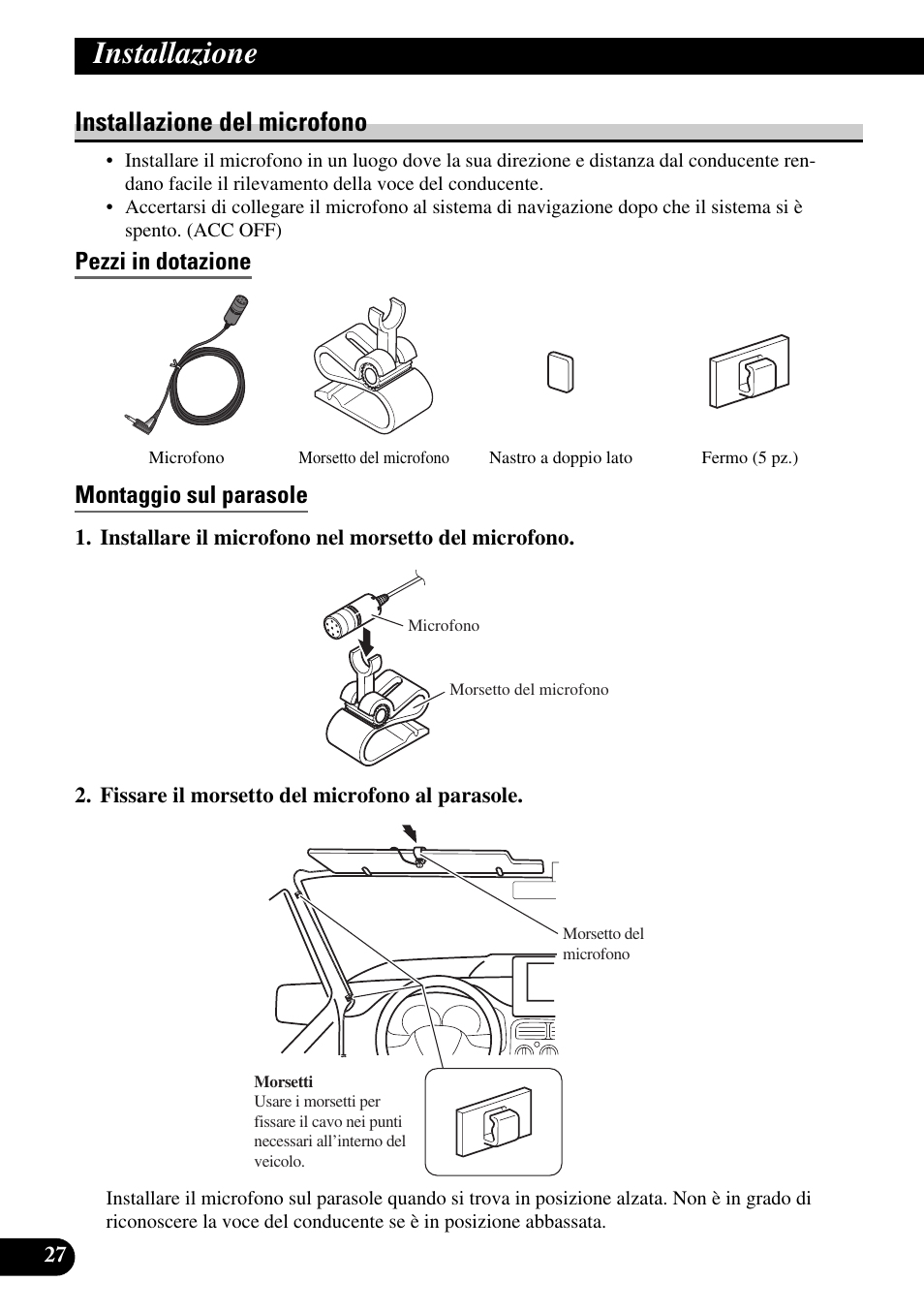 Installazione del microfono, Pezzi in dotazione, Montaggio sul parasole | Installazione, Pezzi in dotazione montaggio sul parasole | Pioneer AVIC-HD3 User Manual | Page 148 / 181