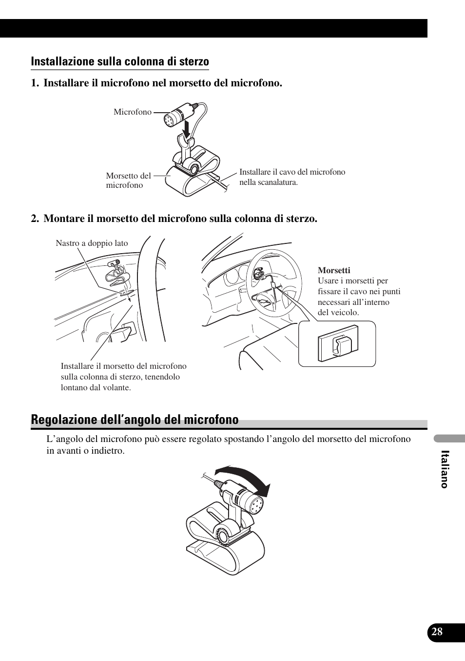 Installazione sulla colonna di sterzo, Regolazione dell’angolo del microfono | Pioneer AVIC-HD3 User Manual | Page 149 / 181