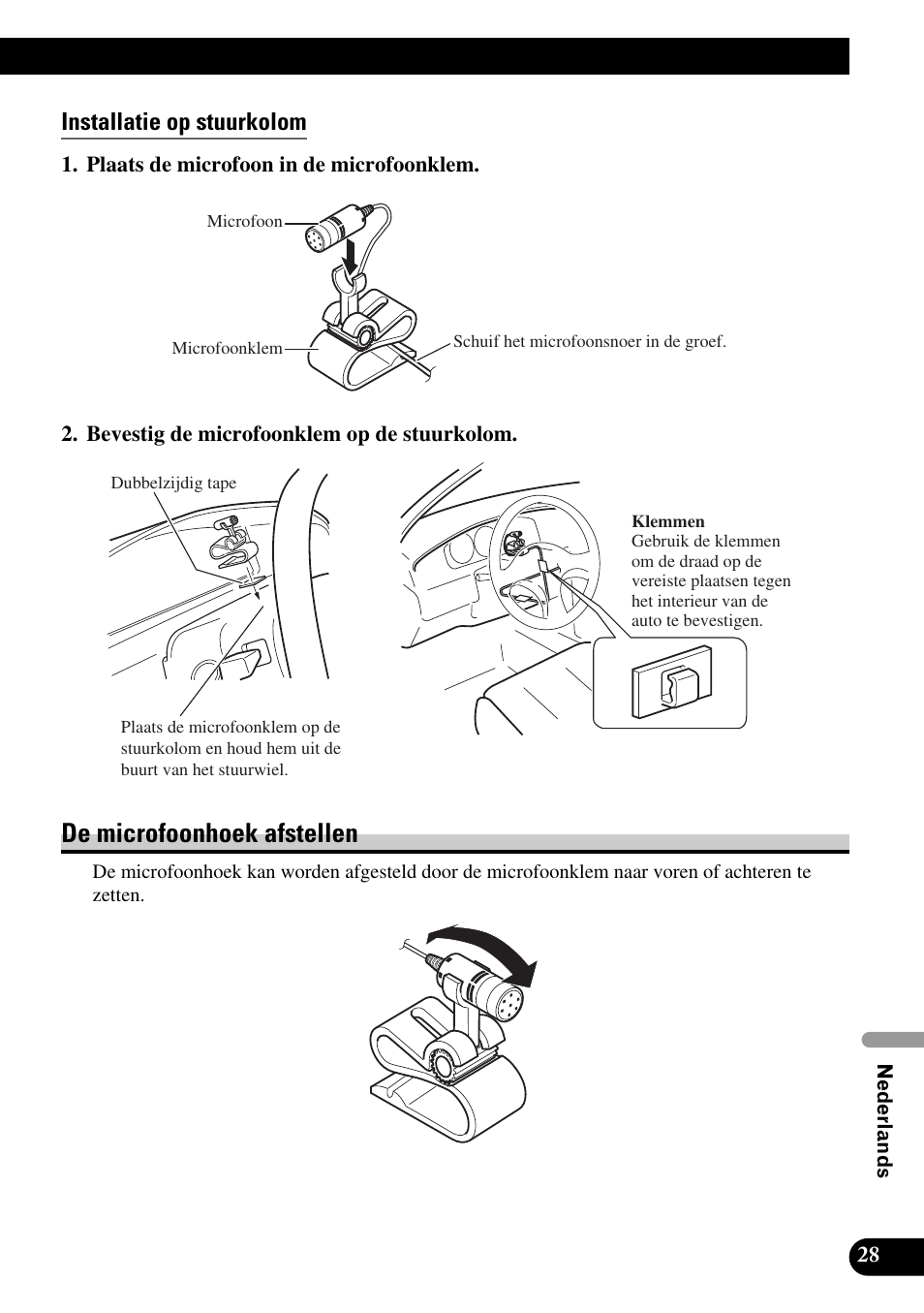 Installatie op stuurkolom, De microfoonhoek afstellen | Pioneer AVIC-HD3 User Manual | Page 179 / 181
