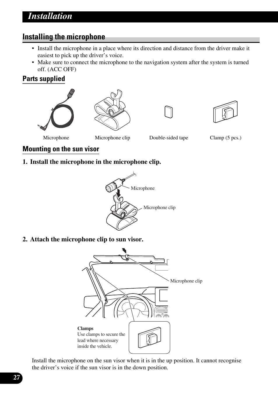 Installing the microphone, Parts supplied, Mounting on the sun visor | Installation, Parts supplied mounting on the sun visor | Pioneer AVIC-HD3 User Manual | Page 28 / 181