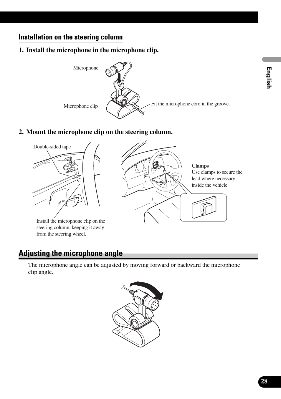 Installation on the steering column, Adjusting the microphone angle | Pioneer AVIC-HD3 User Manual | Page 29 / 181