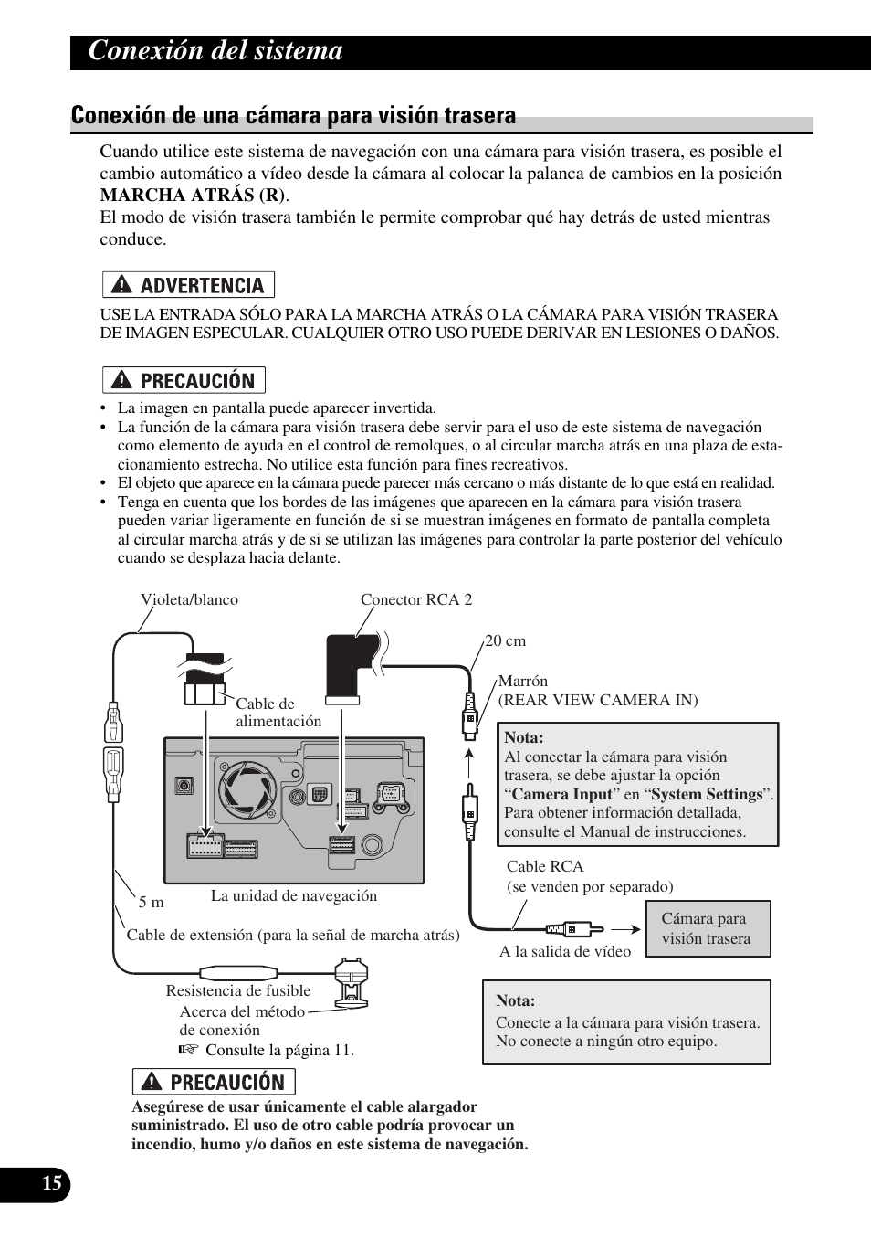 Conexión de una cámara para visión trasera, Conexión del sistema | Pioneer AVIC-HD3 User Manual | Page 46 / 181