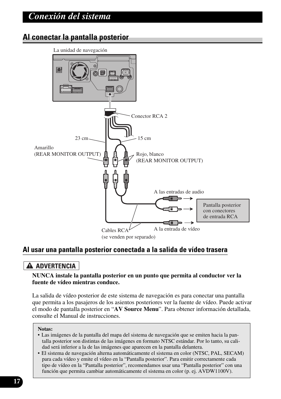 Al conectar la pantalla posterior, Conexión del sistema | Pioneer AVIC-HD3 User Manual | Page 48 / 181