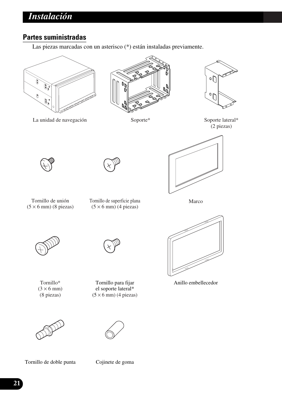 Partes suministradas, Instalación | Pioneer AVIC-HD3 User Manual | Page 52 / 181