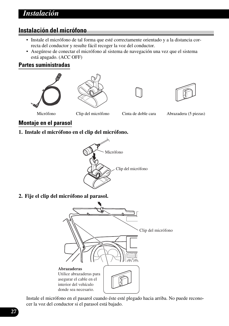 Instalación del micrófono, Partes suministradas, Montaje en el parasol | Instalación, Partes suministradas montaje en el parasol | Pioneer AVIC-HD3 User Manual | Page 58 / 181