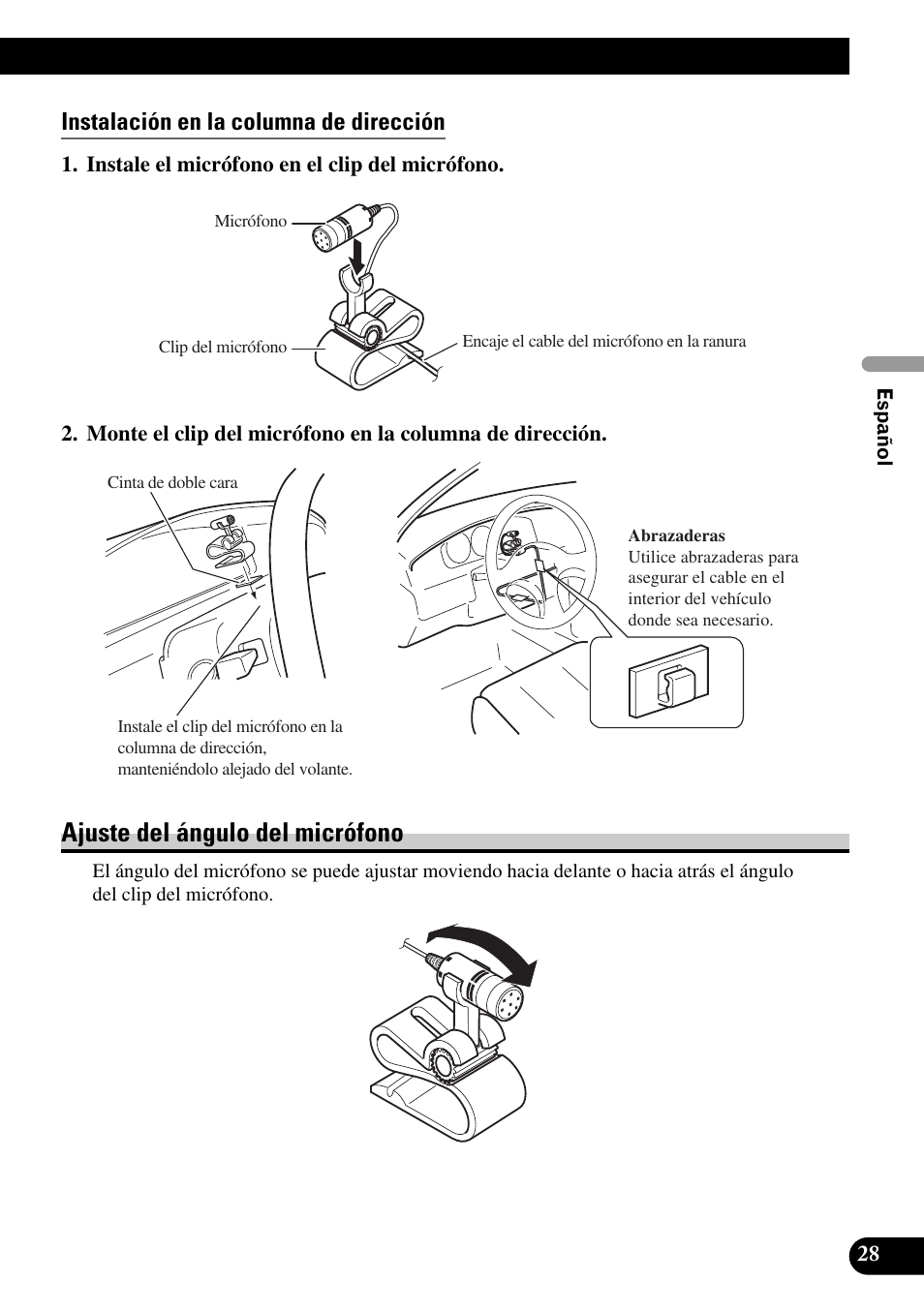 Instalación en la columna de dirección, Ajuste del ángulo del micrófono | Pioneer AVIC-HD3 User Manual | Page 59 / 181