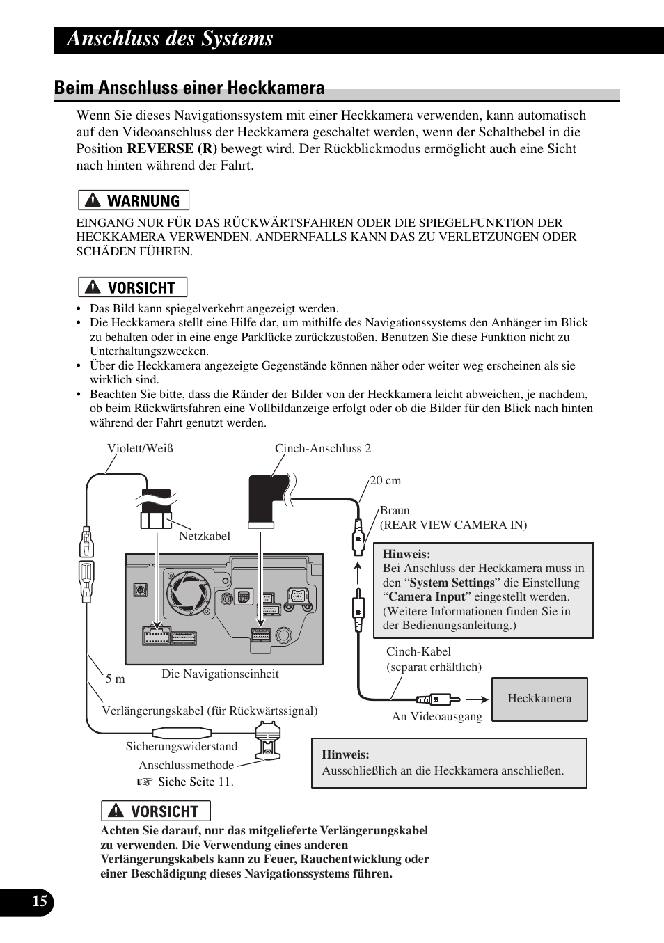 Beim anschluss einer heckkamera, Anschluss des systems | Pioneer AVIC-HD3 User Manual | Page 76 / 181