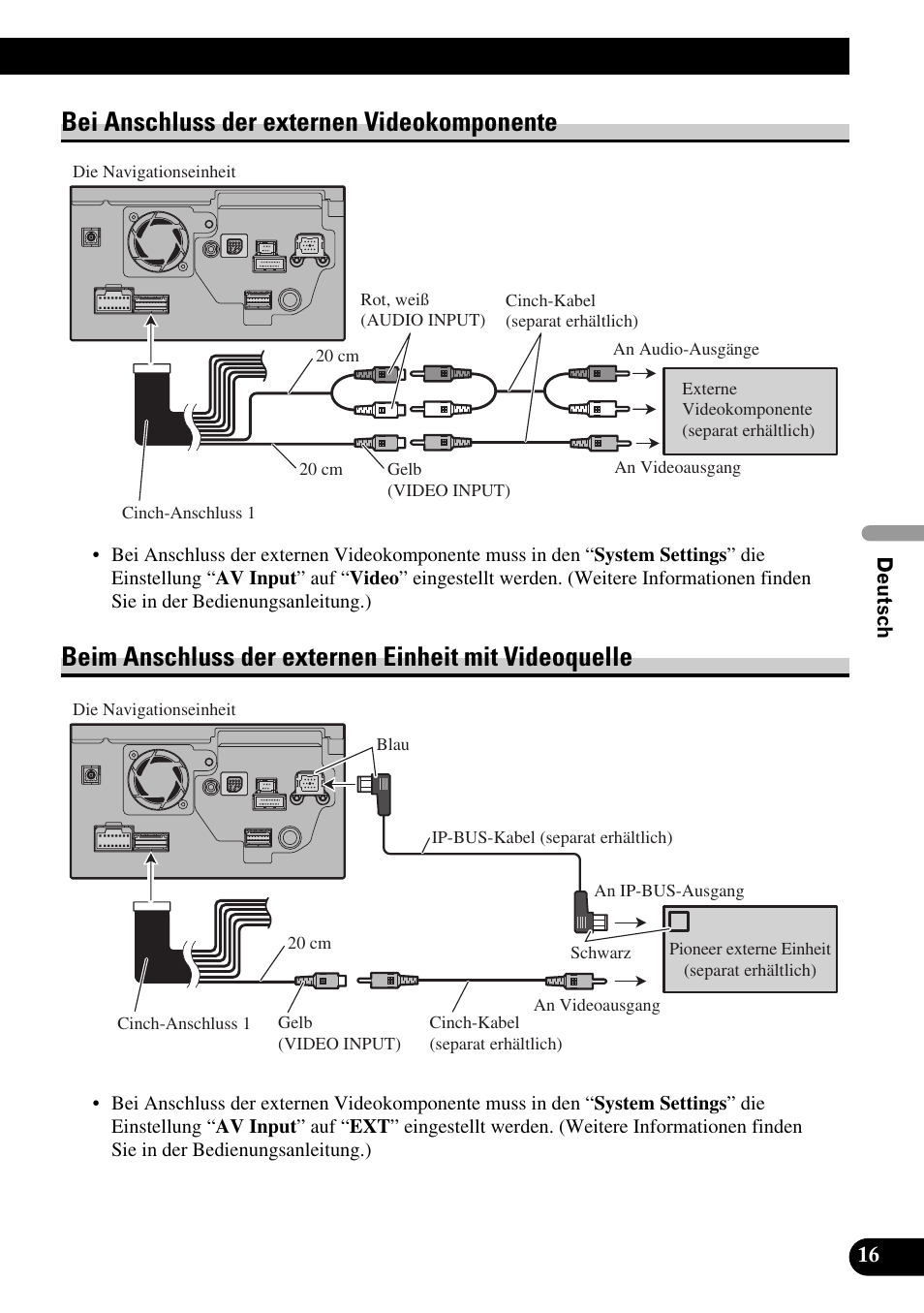 Bei anschluss der externen, Videokomponente, Beim anschluss der externen einheit mit | Videoquelle, Bei anschluss der externen videokomponente | Pioneer AVIC-HD3 User Manual | Page 77 / 181