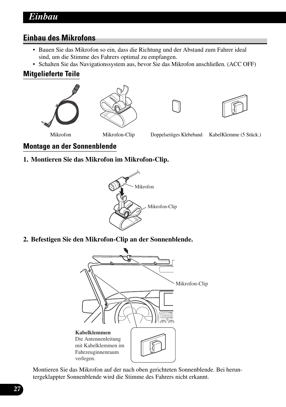 Einbau des mikrofons, Mitgelieferte teile, Montage an der sonnenblende | Einbau, Mitgelieferte teile montage an der sonnenblende | Pioneer AVIC-HD3 User Manual | Page 88 / 181