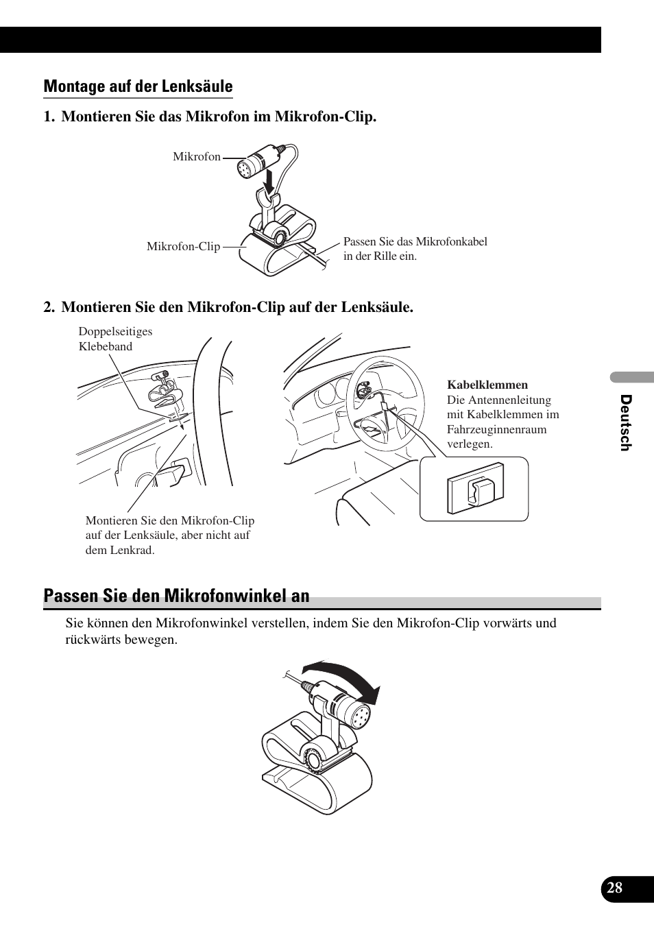 Montage auf der lenksäule, Passen sie den mikrofonwinkel an | Pioneer AVIC-HD3 User Manual | Page 89 / 181