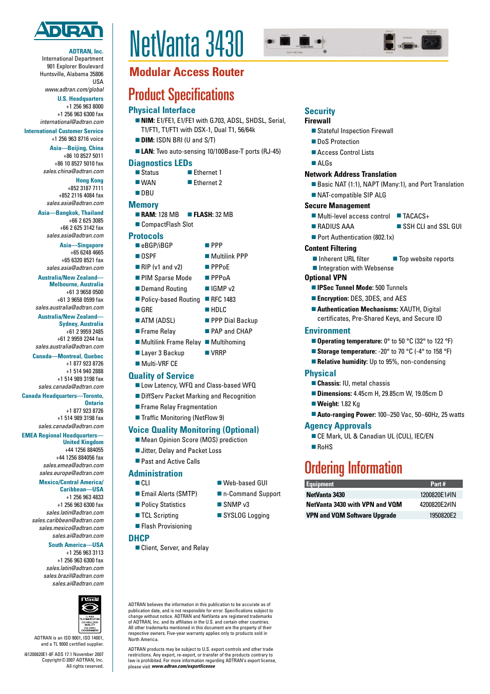 Netvanta 3430, Product specifications, Ordering information | Modular access router, Physical interface, Diagnostics leds, Protocols, Quality of service, Voice quality monitoring (optional), Administration | ADTRAN NetVanta 3430 User Manual | Page 2 / 2