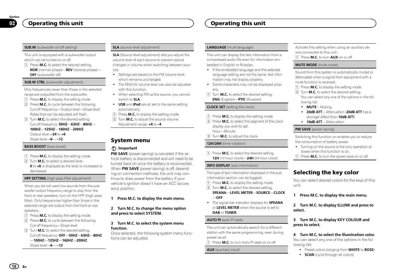 Sub.w (subwoofer on/off, System menu, Selecting the key color | Operating this unit | Pioneer DEH-X6500DAB User Manual | Page 10 / 152