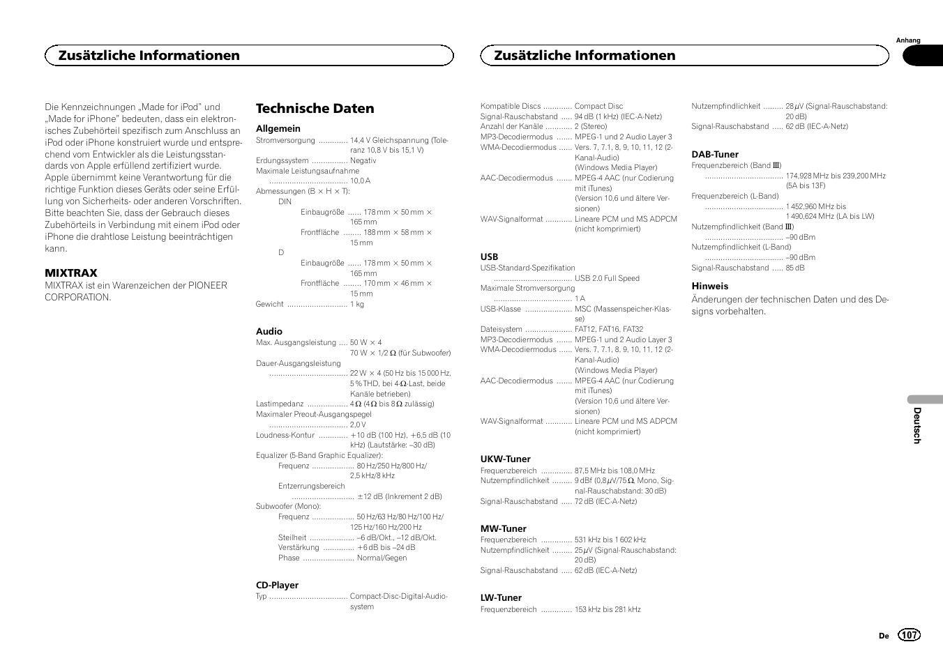 Technische daten, Zusätzliche informationen, Mixtrax | Pioneer DEH-X6500DAB User Manual | Page 107 / 152