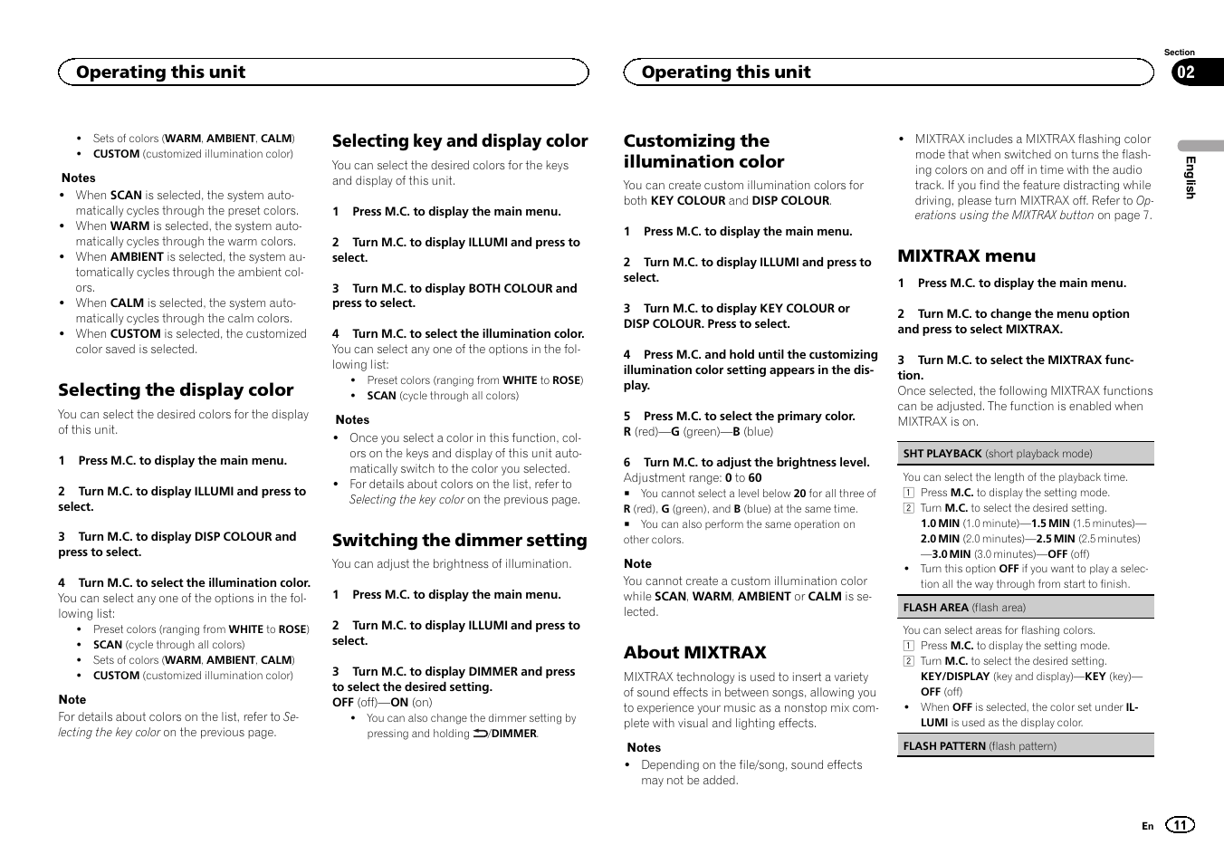 Selecting the display color, Selecting key and display color, Switching the dimmer setting | Customizing the illumination color, About mixtrax, Mixtrax menu, Operating this unit | Pioneer DEH-X6500DAB User Manual | Page 11 / 152