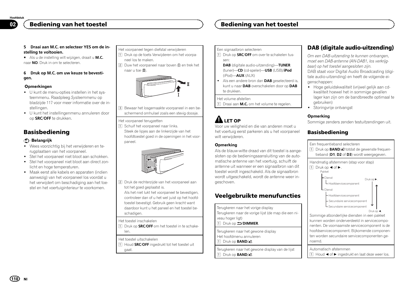 Basisbediening, Veelgebruikte menufuncties, Dab (digitale audio-uitzending) | Bediening van het toestel | Pioneer DEH-X6500DAB User Manual | Page 110 / 152