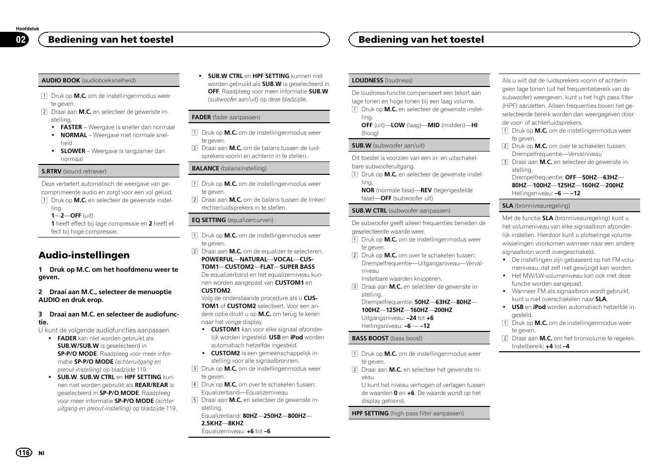 Audio-instellingen, Bediening van het toestel | Pioneer DEH-X6500DAB User Manual | Page 116 / 152
