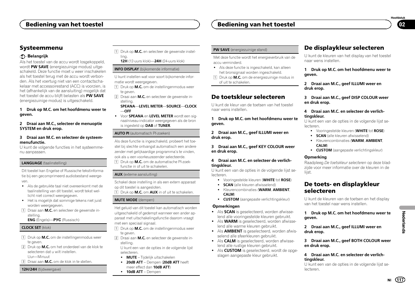 Systeemmenu, De toetskleur selecteren, De displaykleur selecteren | De toets- en displaykleur selecteren, Bediening van het toestel | Pioneer DEH-X6500DAB User Manual | Page 117 / 152