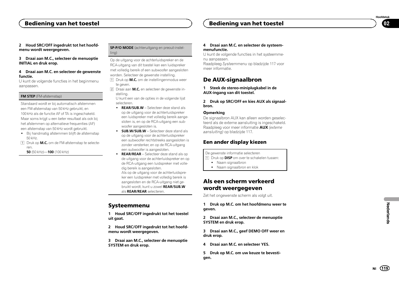 Sp-p/o mode (achteruitgang en, Preout-instelling) op bladzijde 119, Sp-p/o mode (achter | Uitgang en preout-instelling) op bladzijde 119, Systeemmenu, De aux-signaalbron, Als een scherm verkeerd wordt weergegeven, Bediening van het toestel | Pioneer DEH-X6500DAB User Manual | Page 119 / 152