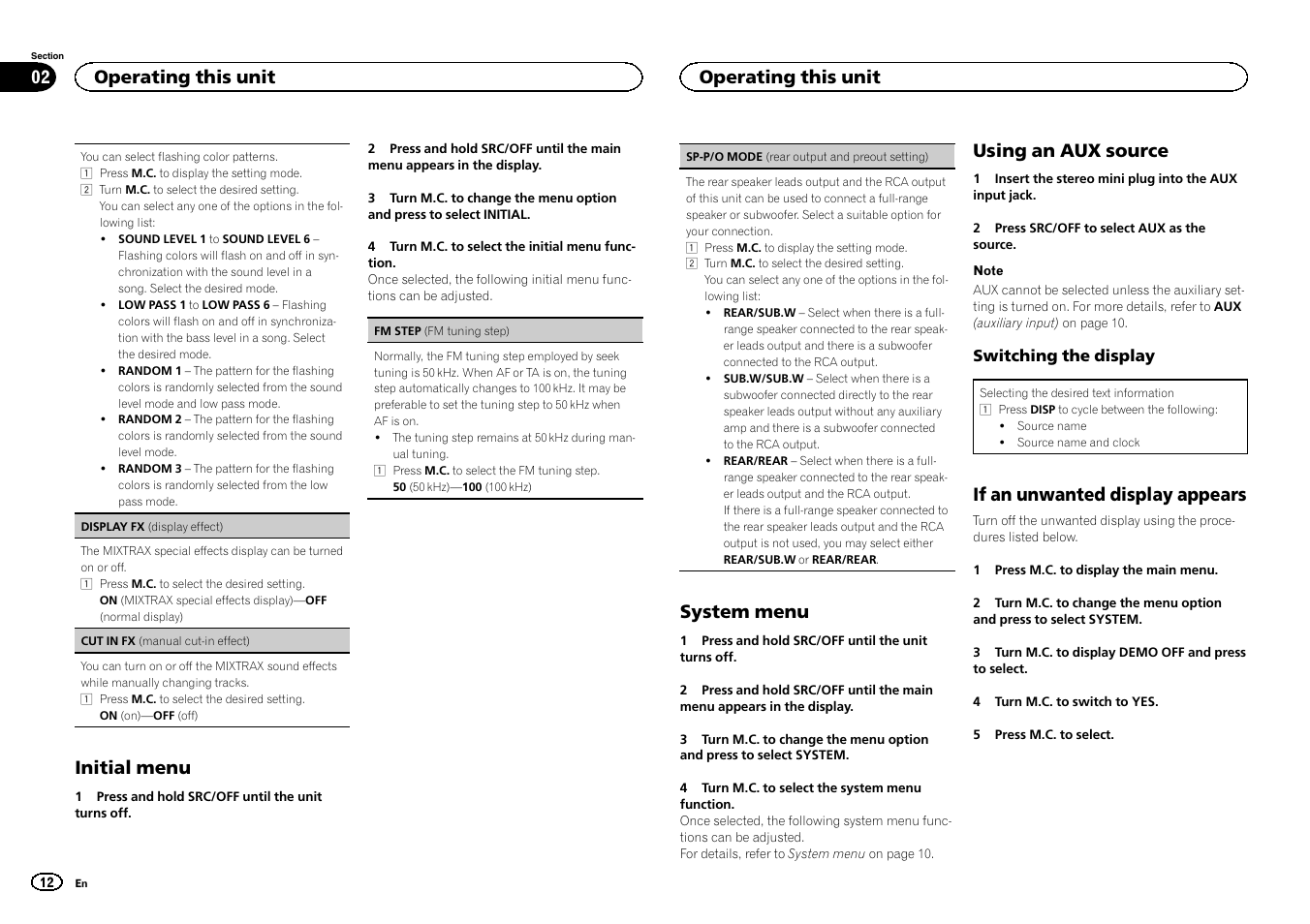 Sp-p/o mode (rear output and preout set, Initial menu, System menu | Using an aux source, If an unwanted display appears, Operating this unit | Pioneer DEH-X6500DAB User Manual | Page 12 / 152