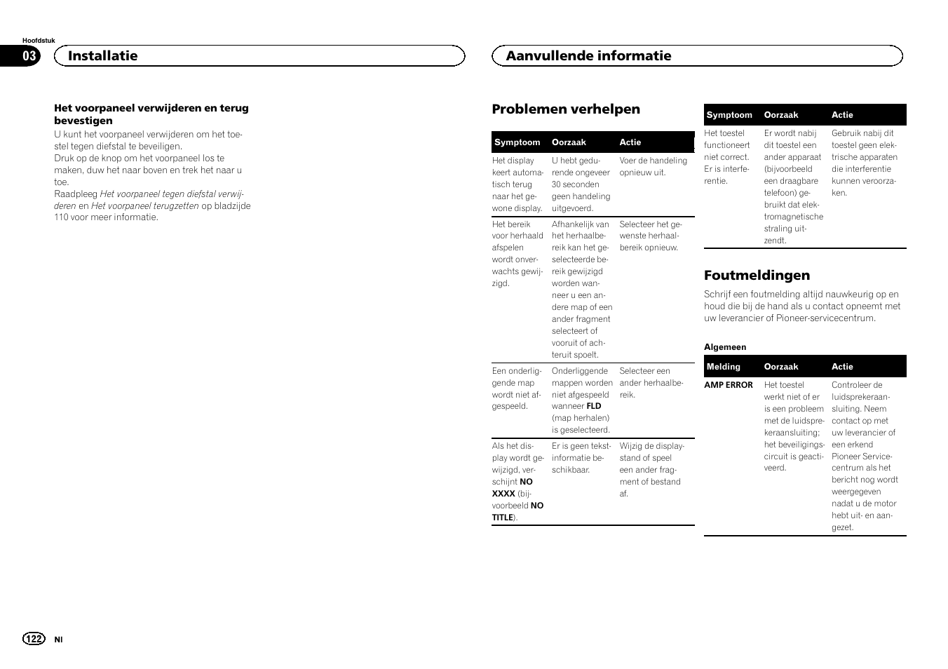 Problemen verhelpen, Foutmeldingen, Installatie | Aanvullende informatie | Pioneer DEH-X6500DAB User Manual | Page 122 / 152