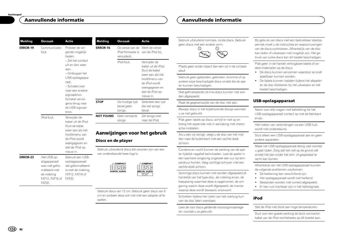 Aanwijzingen voor het gebruik, Aanvullende informatie | Pioneer DEH-X6500DAB User Manual | Page 124 / 152