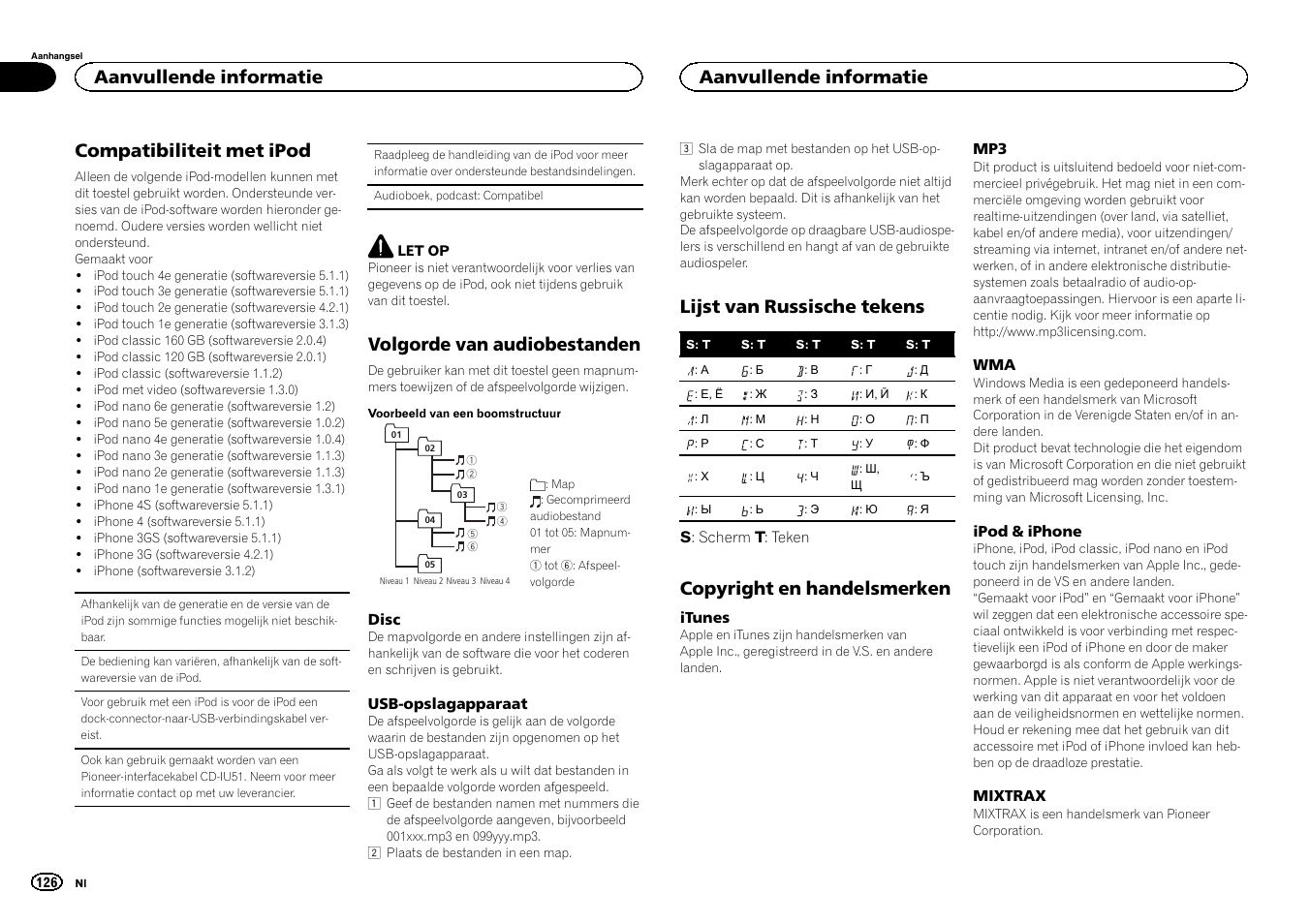 Compatibiliteit met ipod, Volgorde van audiobestanden, Lijst van russische tekens | Copyright en handelsmerken, Aanvullende informatie | Pioneer DEH-X6500DAB User Manual | Page 126 / 152